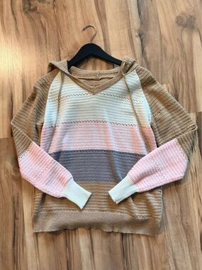 Striped Hooded Knit Sweater in Tan, Pink, Cream, and Gray